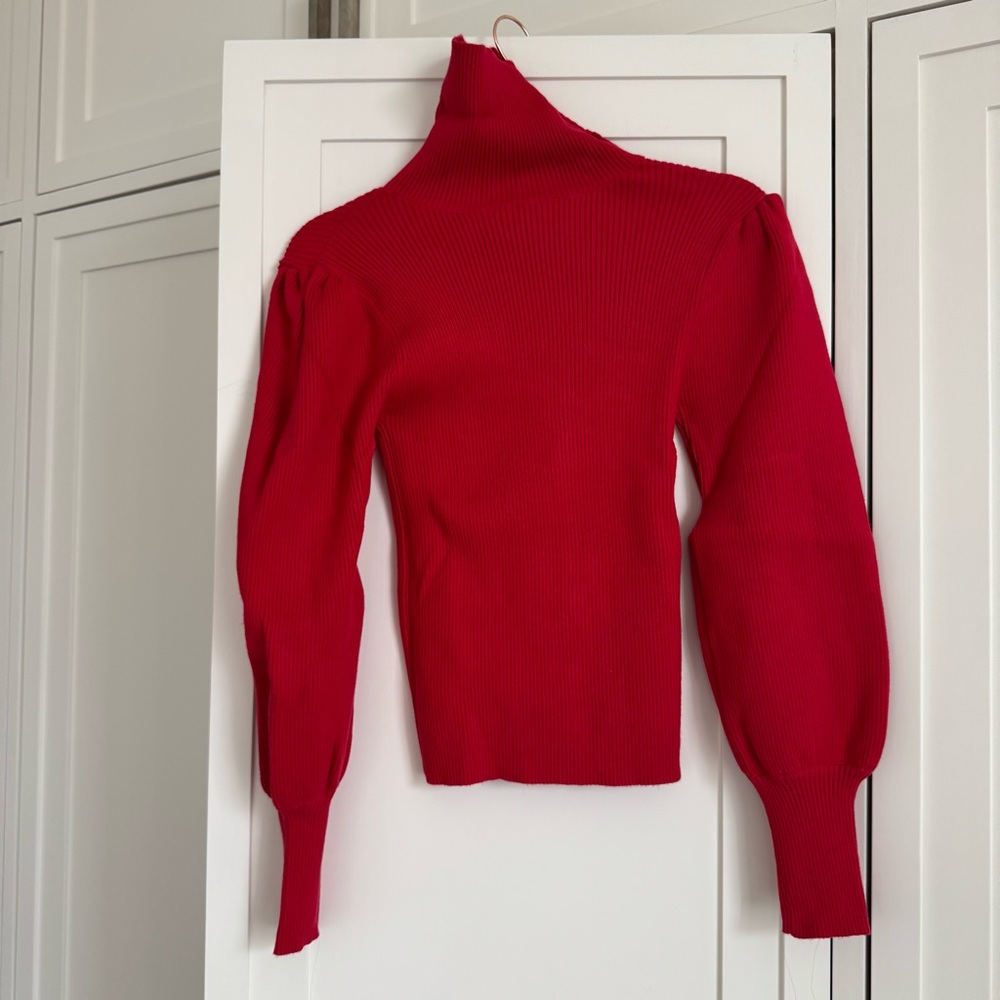 Red Turtleneck puff sleeve Sweater - Picture 2 of 5